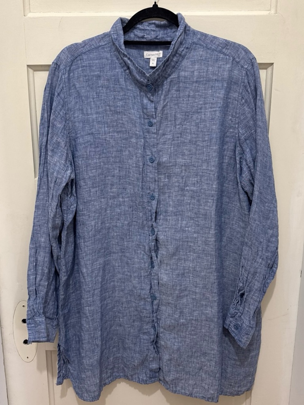 Garnet Hill Light Blue Linen-Blend Band Collar Button-Down
